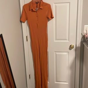 Orange Ribbed Flare Jumpsuit